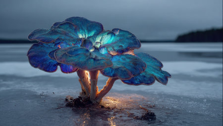 A luminous blue mushroom stands on a frozen lake at dusk. Its cap and stem are brightly lit, showcasing textures and highlights. The scene features a cool color palette, with soft lighting enhancing the surreal quality. This image could be used for fantasy concepts, artistic projects, or commercial illustrations.の素材