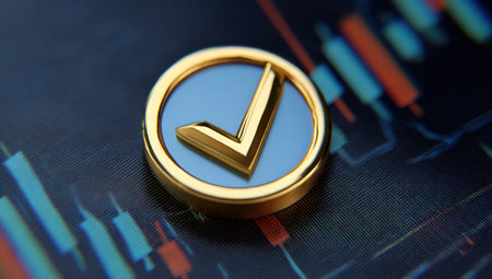 A golden checkmark symbol is displayed over a dark background with blurred financial data. The image shows a detailed close-up with a soft focus. The colors include gold, blue, and shades of red and green. This image is suitable for various commercial uses, including financial, business, and marketing projects.の素材