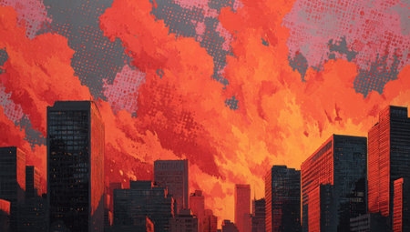 An abstract illustration presents a cityscape silhouetted against a dramatic sunset. The composition features tall buildings with a fiery sky dominated by shades of red and orange. This artwork could be suitable for various design projects, including editorial content or commercial applications.の素材
