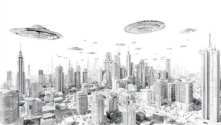 An illustration depicts a cityscape with numerous skyscrapers and unidentified flying objects. The monochromatic image showcases detailed architectural elements and the celestial vehicles against a bright background. This conceptual artwork could be utilized for various creative projects, including science fiction-themed designs and digital marketing campaigns.の素材