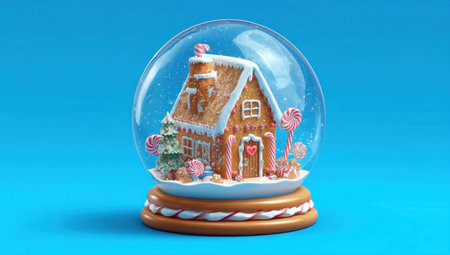 A miniature gingerbread house sits within a clear snow globe, showcasing intricate details and warm colors. The composition is well-lit against a vibrant blue backdrop. This image could be used for holiday themes, greeting cards, or illustrating concepts related to winter and decoration.の素材