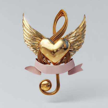 A golden, heart-shaped treble clef is depicted with feathered wings and a ribbon banner against a plain background. The illustration features smooth textures and metallic sheen, employing warm lighting that enhances its three-dimensional form. This creative design is suitable for various commercial purposes, including marketing and design projects.の素材