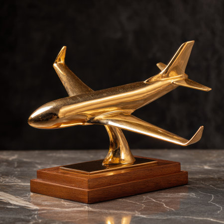 A gold-colored airplane sculpture is presented on a wooden base. The sculpture shows a detailed representation of an aircraft, with wings, fuselage, and tail visible. The composition displays a smooth, reflective surface set against a dark, contrasting backdrop. Suitable for artistic, decorative, or conceptual projects.の素材