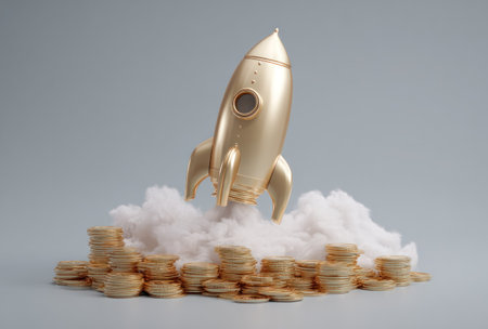 A golden rocket ascends from a cloud base atop stacks of coins, against a neutral background. The visual features soft lighting and a clean, modern aesthetic. This composition represents concepts of growth, success, and investment, suitable for financial or business-related promotional material.の素材