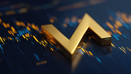 A close-up view presents a golden abstract form against a background suggesting financial data. The composition features a shallow depth of field, with the focus on the central shape. Colors range from gold to dark blue, with highlights suggesting digital activity. This image could be utilized in various commercial or editorial contexts.の素材
