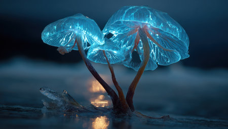 This image presents illuminated, mushroom-shaped structures emitting a soft blue light against a shadowy backdrop. The composition features a low-angle perspective, emphasizing the forms' shapes. The overall aesthetic is dreamy, suggesting a surreal environment. This image could be suitable for various applications, including illustrative designs or conceptual visualizations.の素材