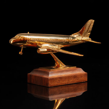A gold-colored airplane sculpture is presented on a wooden base against a dark background. The detailed model features intricate design elements and a reflective surface. This image could be used for aviation, travel, or business-related themes. The composition, colors and lighting suggest a studio environment.の素材