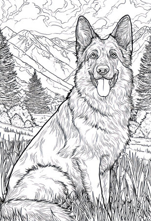 An illustration depicts a German Shepherd sitting in a grassy field with a mountainous backdrop. The image utilizes a black and white color scheme, emphasizing the dog's fur and the surrounding natural elements. Suitable for various editorial and commercial applications. The composition shows a dog in an outdoor environment.の素材