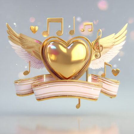 A golden heart is the central element, adorned with angelic wings and musical notes. The composition features a blend of gold and white hues, set against a soft, blurred background. The style is illustrative, possibly used for various design projects and visual content.の素材