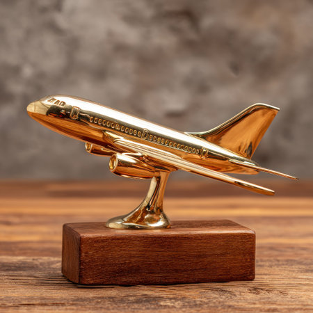 A shiny golden airplane sculpture is displayed on a dark wooden block, set against a blurred textured backdrop. The image features warm tones and highlights the metallic sheen of the airplane. This could be used for various commercial purposes, advertising, or as an illustrative element.の素材