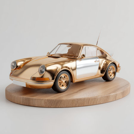 A golden sports car model rests on a wooden platform. The vehicle features a polished metallic finish with reflective qualities. The composition has soft lighting on a neutral backdrop, enhancing the product's aesthetic. This image would be useful for automotive advertisements and design presentations.の素材
