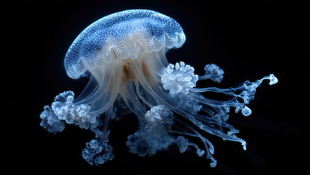 An isolated jellyfish floats against a deep black backdrop. The image showcases the aquatic creature with translucent, blue and white hues. Its delicate form is highlighted with focused lighting, creating a captivating visual effect. This image is suitable for various commercial uses, including artistic, educational, and illustrative applications.の素材