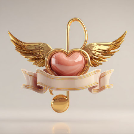 A golden musical note with heart and wings features prominently. The composition includes a heart shape with wings, placed above a curved banner. The design employs a warm color palette with gold, pink, and white tones. Suitable for various creative and illustrative applications.の素材