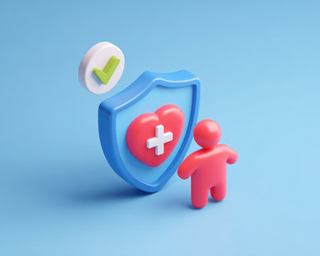 This image features a vibrant, stylized composition centered on a shield design incorporating a heart and plus sign, next to a small person figure and a check mark. The scene employs a bright color palette with blue and red hues, indicating health concepts. Suitable for uses in healthcare, insurance, or related advertising content.の素材