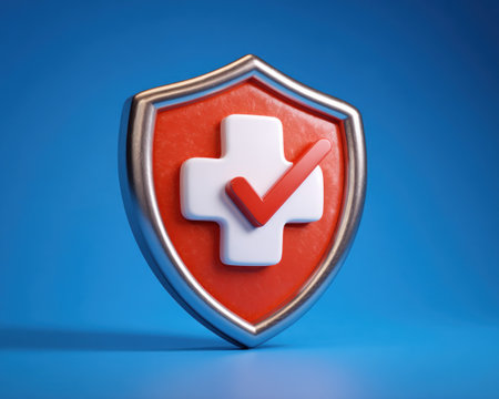 An illustrated shield showcases health-related imagery. A red cross with a check mark inside is centered. The shield has a silver outline. The background is a gradient of blue. The image might be used in medical or insurance contexts.の素材