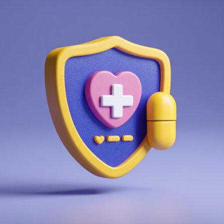This image showcases a stylized shield featuring a heart with a cross, accompanied by a pill graphic. The design incorporates bright colors against a neutral background. This illustration could be suitable for health-related advertising, informational materials, or editorial use in publications.の素材