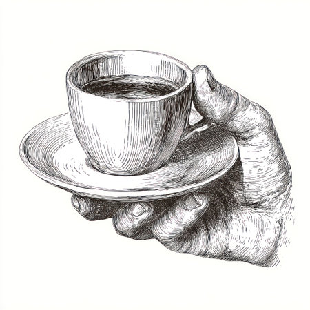 An illustrated hand delicately holds a coffee cup on a saucer. The artwork features detailed lines in black and white, highlighting the cup's form and the hand's texture. The image suggests a quiet moment, potentially suitable for editorial content or commercial design purposes, and is set against a plain background.の素材