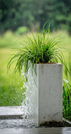 A vibrant green plant thrives in a modern white planter, with water flowing over its surface. The image presents a refreshing outdoor scene with lush greenery in the background, possibly during a rain shower. The composition uses natural light. It could be suitable for various commercial uses.の素材