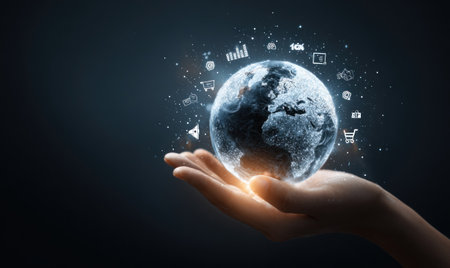 A hand cradles a luminous globe surrounded by digital icons on a dark backdrop. The composition features a shallow depth of field, with soft lighting illuminating the hand and planet. The image employs visual effects to enhance the sense of connection and technology. Suitable for applications involving global concepts and online connectivity.の素材
