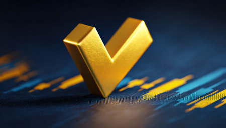 A golden letter V sits prominently against a dark blue backdrop with yellow lines, possibly representing financial data. The composition uses selective focus, highlighting the three-dimensional form of the letter. The lighting suggests a studio environment. This image could be used for various commercial projects related to finance or branding.の素材