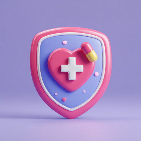 A 3D rendered illustration shows a shield-shaped symbol incorporating a heart, cross, and a capsule. The composition features a vibrant color scheme of pink, blue, and yellow against a gradient background. This image is suitable for various applications related to health, medical, and wellness themes.の素材