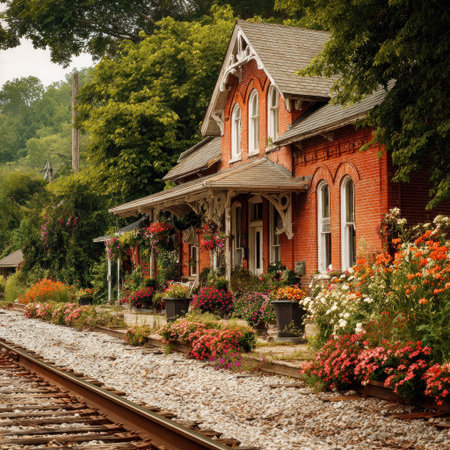 An aged brick building with a railway track and lush floral arrangements defines this image. The scene features a combination of architectural details and natural elements, enhanced by daytime sunlight. This image is suitable for various commercial uses, including illustrations of travel, history, or design projects, and can be used to evoke a sense of heritage.の素材