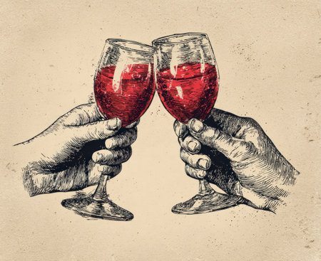 Two hands raise glasses of red liquid in a celebratory gesture captured in a detailed vintage illustration style. The image showcases hand-drawn textures and contrasting lines with an overall sepia tone. The scene suggests a toast, potentially for social gatherings or special occasions, and may be used for various commercial or editorial needs.の素材