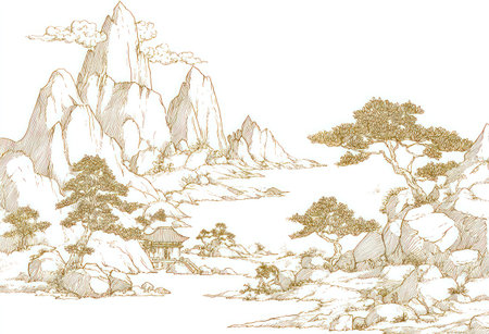 An ink illustration portrays a mountain landscape with a serene scene. Golden hues define the rocky terrain, trees, and architectural details, set against a white backdrop. The artwork's style evokes a classic aesthetic. Suitable for various applications, it could be used in design projects or print media.の素材