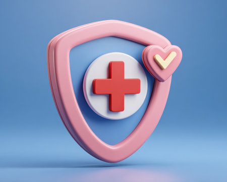 A stylized illustration depicts a shield with a red cross, symbolizing health and protection. A heart icon, accented with a checkmark, is also present. The composition features soft lighting and a minimalist design. Suitable for healthcare, insurance, or medical-related themes, the image conveys concepts of safety and well-being.の素材