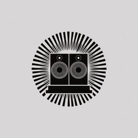 An illustration presents two black speakers on a stand, set against a circular backdrop of radiating lines. The design, monochromatic in nature, utilizes strong geometric shapes, creating a visually dynamic composition. This artwork is suitable for editorial purposes and could be incorporated into marketing materials.の素材