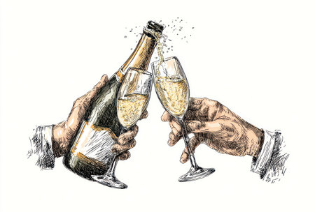 This illustration showcases hands toasting with champagne glasses and a bottle. The artwork features a detailed, sketched style with black lines and a monochrome palette. The composition is balanced and suitable for various festive themes. It may be used for editorial and commercial projects.の素材