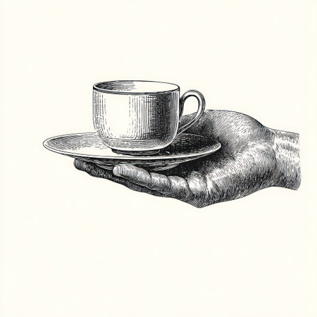 An illustration depicts a hand presenting a teacup on a saucer. The artwork features detailed lines and shading, showcasing texture and form. The cup and saucer are classic in design. This image is suitable for various commercial uses, including print media or digital marketing materials.の素材