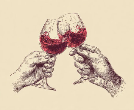 Illustration depicts two hands holding wine glasses clinking together. The glasses are filled with red liquid, set against a neutral background. The style is detailed, showing texture and shading suggesting a vintage or sketched look. The composition suggests celebration, suitable for various editorial and commercial applications.の素材