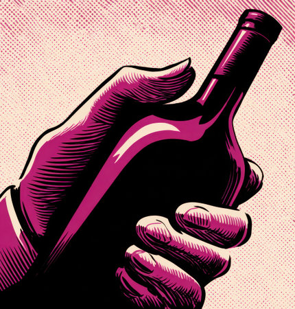 An illustration depicts a hand gripping a wine bottle. The image showcases a contrast of deep burgundy and black tones. The composition is simplified with bold lines and a textured background suggesting print or vintage aesthetics. It is suitable for commercial uses such as advertising and editorial content.の素材