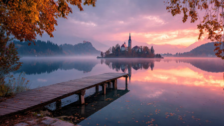 A tranquil lake scene captures a small island church at dawn. The composition features a wooden dock leading to the serene water with reflections. Soft colors, including pinks, purples, and oranges, paint the sky. This image is suitable for various commercial uses, including travel brochures and editorial content.の素材