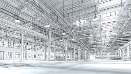 An architectural blueprint illustrates a large industrial warehouse interior. The image depicts a vast open space with structural columns, piping, and overhead lighting. The composition features a perspective view, utilizing grayscale tones to enhance the blueprint aesthetic. This image is suitable for commercial and design related applications.の素材