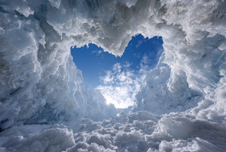 An image showcases a heart-shaped opening carved into snow, with a bright blue sky peeking through. The scene is filled with textured snow and fluffy clouds illuminated by sunlight. This photograph is ideal for various commercial and editorial projects requiring a symbol of love or nature.の素材