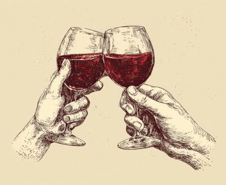 Illustration depicts two hands holding wine glasses in a celebratory toast. The artwork features detailed line work, showcasing the hands and glasses filled with red liquid. The composition suggests an indoor setting, likely during a social gathering or special occasion. Suitable for use in editorial content and various commercial applications.の素材