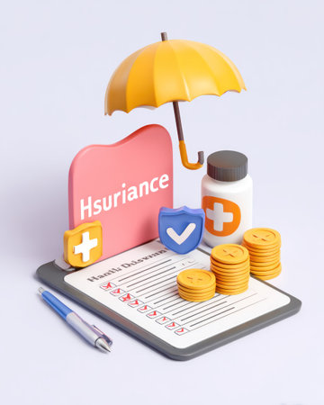 This image features a conceptual representation of health insurance. A yellow umbrella sits over a tablet with a checklist, coins, and a medicine bottle. Visual elements include a shield and a plus sign, rendered in a 3D style. The composition suggests protection and coverage suitable for commercial and editorial purposes.の素材