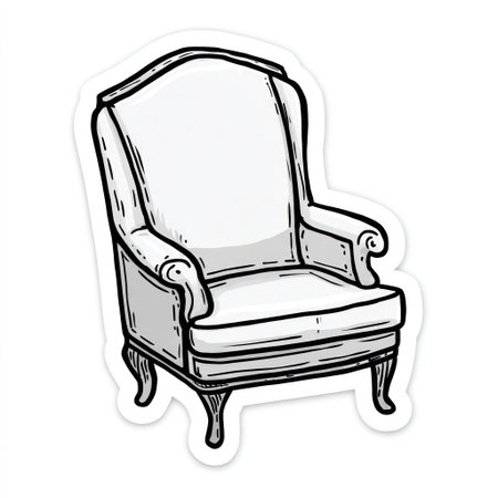 An illustrated wingback chair is presented against a stark white backdrop. The design employs clean lines and a monochromatic palette, offering a classic aesthetic. The composition features the chair in a frontal view, suggesting potential applications in home decor, graphic design, and marketing materials.の素材