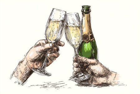 Two hands raise champagne flutes in a celebratory gesture, alongside a bottle. The artwork features a sketch style, with visible lines and cross-hatching. The color palette includes gold, green, and neutral tones. This composition could be suitable for various celebratory concepts or editorial content.の素材