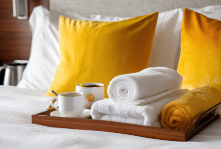 A close-up captures a neatly arranged tray on a bed. It features rolled towels, two coffee cups, and a coffee pot. The bed is adorned with white sheets and pillows. Warm yellow pillows contrast against the white. The scene is illuminated by soft light. This image is suitable for various commercial uses.の素材