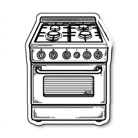 A detailed, black and white illustration depicts a common kitchen stove. The image features clean lines and a simple style, showcasing the appliance's burners, oven door, and control knobs. Suitable for various applications, this image could be used in design projects or for editorial purposes related to home improvement or cooking.の素材