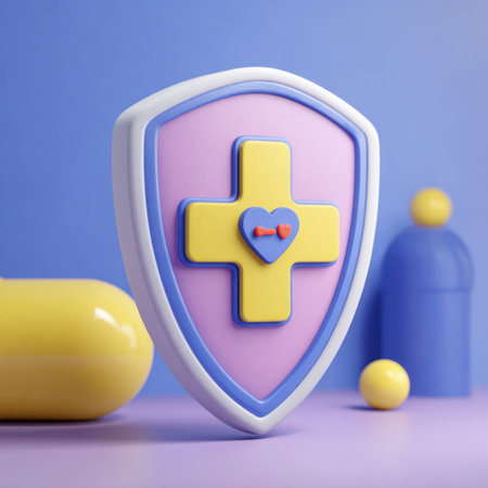 This image depicts a stylized shield with a cross and a heart, symbolizing health. The composition includes a yellow pill and abstract figures in a simplified, colorful design. The lighting suggests a studio environment, suitable for various health-related and conceptual projects.の素材