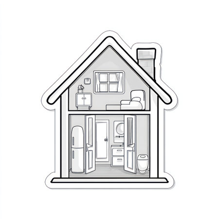 This black and white cutaway illustration presents the interior of a house, showcasing the rooms and furniture in detail. The image highlights a simplistic design, with a focus on interior architecture. It could be useful for projects related to design, real estate, or educational purposes. The illustration is isolated on a white background.の素材