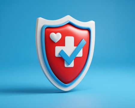 A shield featuring a heart and a checkmark displayed on a red surface, framed by a white and blue border. The image is rendered with smooth, glossy textures against a plain blue backdrop. Suitable for healthcare, insurance, or general well-being visuals, it offers copy space for varied commercial or informational purposes.の素材