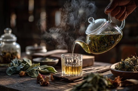A hand pours fresh herbal tea from a glass teapot into a clear cup. The scene is illuminated by soft light, showcasing steam rising from the tea and the various herbs scattered on a wooden surface. This image evokes a sense of tranquility and could be suitable for lifestyle, health, or wellness themes.の素材