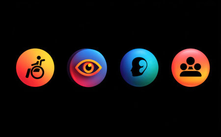 Four vibrant, circular icons are presented against a dark backdrop. Each icon features a different visual symbol. The icons employ a gradient of colors and a modern design. Suitable for illustrating concepts related to inclusion, diversity, accessibility, and communication, these elements could be utilized in design projects.の素材