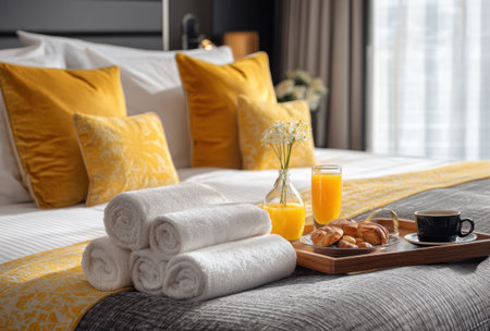 An inviting hotel room showcases a neatly made bed adorned with yellow pillows and a decorative blanket. Freshly rolled white towels, a glass of orange juice, and a breakfast tray add to the welcoming ambiance. The scene is illuminated by soft lighting, suitable for hospitality, lifestyle, and travel projects.の素材