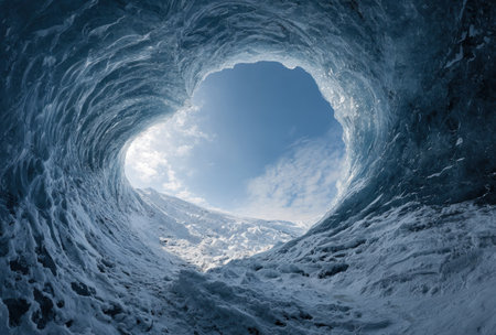 An interior perspective showcases an ice cave with the sky visible at the opening. The image captures the swirling textures and shades of blue and white of the ice. The composition is dramatic, with an upwards view. Suitable for illustrating travel or natural wonders.の素材